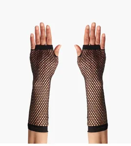 Schwarze lange Netzhandschuhe, Punk-Stil elastische fingerlose Netz-Handschuhe für Party.
