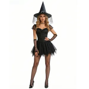 Halloween sexy Hexen Kostuem Set mit spitzer Hut, Kleid und passenden Netzstraempfen