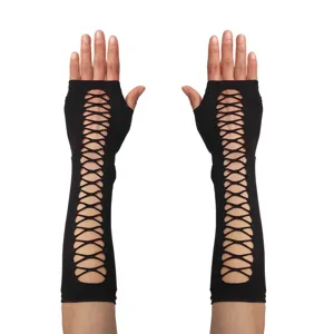 Elastische schwarze Netz-Armstulpen und Handschuhe, ideal für Halloween-Partys und Cosplay.