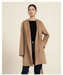 Elegant camel hooded wool coat for women, premium winter outerwear with pocket design.