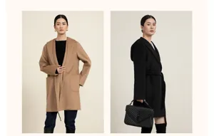 Women's hooded wool cashmere wrap coat with belt, elegant winter outerwear in camel and black.