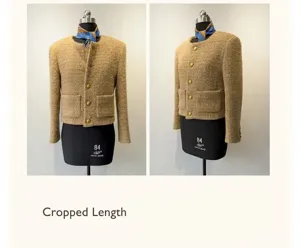 Klassiek tweed korte jas voor dames, elegante ronde hals met chique gouden knopen.