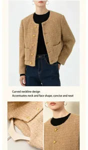 Gedetailleerd overzicht van de elegante korte wollen tweed jas met ronde hals en knoppen.