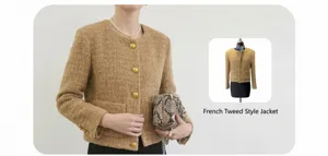 Gedetailleerd overzicht van het elegante tweed jasje met gouden knopen en klassieke stijl.