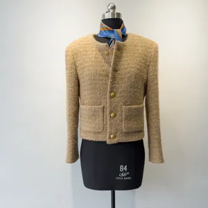 Klassieke dames tweed korte jas cardigan, elegante ronde hals met stijlvolle goudknopen.