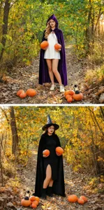 Vista detallada de capa con capucha de terciopelo de Halloween para fiesta cosplay y disfraz.