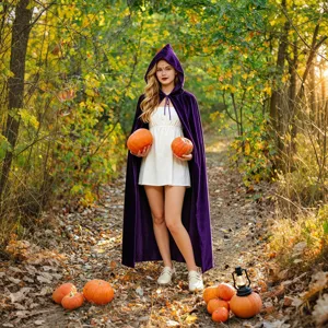 Capa de terciopelo morado con capucha para fiesta de Halloween cosplay, bosque otono.