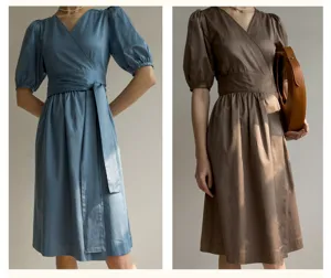 Détail de robe midi française à manches bouffantes et col V, robe en coton élégante.