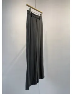 Dark grey women's wide leg trousers casual loose fit solid color ribbed fabric elegant style