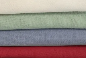 Cotton hoodie fabric detail featuring stacked color options in beige, green, blue, and red.