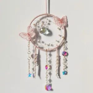 Pink crystal suncatcher dreamcatcher wall hanging decor with lace butterfly pendants.