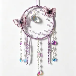 Purple crystal dreamcatcher suncatcher with embroidered butterflies for home wall decor.