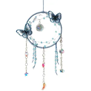 Blue crystal suncatcher butterfly dream catcher, elegant wall hanging home decor.