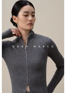 Cardigan con zip in maglia a costine da donna, elegante pullover slim a maniche lunghe.