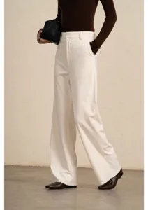Women off-white corduroy wide leg pants high waist casual trousers elegant autumn wear