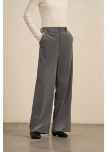 Detailed view of women's grey corduroy wide-leg pants featuring high waist and side pockets.