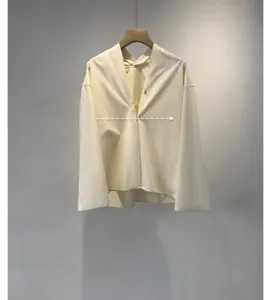 Light yellow cotton poplin short V-neck blouse with wide sleeves and neo-Hanfu collar.