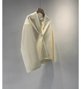 Women minimalist V-neck cotton poplin blouse with wide sleeves and chic draped collar.