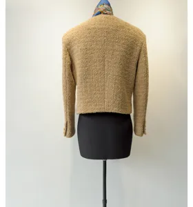 Dames camel tweed korte jas met ronde hals en lange mouw stijlvolle bovenkleding