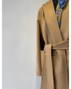 Elegant camel hooded belted wrap coat luxurious wool winter outerwear for women classic design