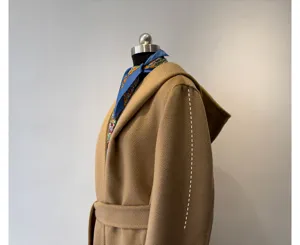 Premium camel hooded wool wrap coat for women, elegant winter outerwear with belt detail.
