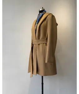 Women camel hooded wool coat with belt, classic winter outerwear for elegant daily wear.