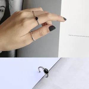 S925 Sterling Silver Retro Black Onyx Oval Open Ring For Women Vintage Thai Silver Adjustable Finger Ring Jewelry