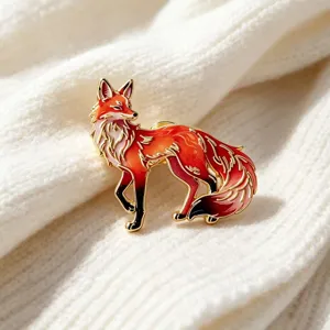 Red fox metal enamel brooch pin detail shot, ideal for sweaters and bags decoration.