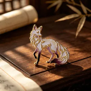 Exquisite Chinese style fox enamel pin showcasing detailed white and purple gradient craftsmanship.