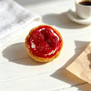 Nahaufnahme des lebensechten 3D Erdbeer Tarte Kuehlschrankmagneten auf weisser Holzflaeche.