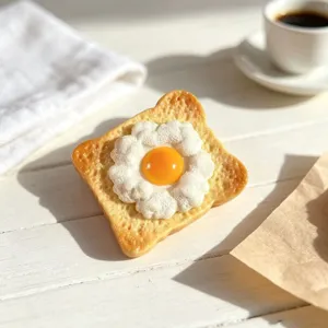 Nahaufnahme des 3D-Simulation-Toast-Spiegelei-Kühlschrankmagneten, realistische Küchendeko.