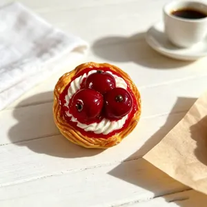 Nahaufnahme eines 3D-Simulations-Kirschtorte-Kühlschrankmagneten, realistisches Dessert.