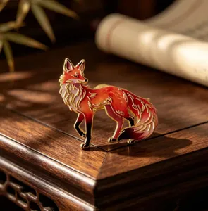 Exquisite Chinese style red fox metal enamel brooch, vintage alloy pin for clothes and bag decor.