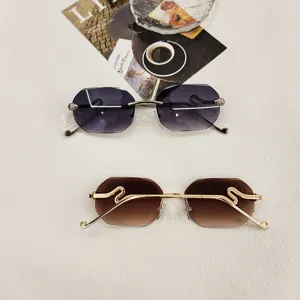 Women rimless faceted sunglasses with metal snake temples uv400 fashion chic eyewear 123