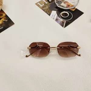 Detail shot of chic rimless gradient sunglasses featuring luxury snake head metal temples.