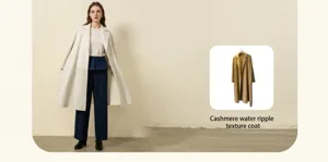 Detailed view of women casual wool coat and trousers outfit featuring soft cashmere texture.