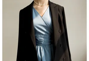 Gros plan détaillé de la robe portefeuille française chic avec blazer noir et collier de perles.