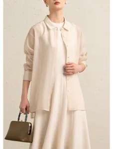 Acetate blend sleeveless swing dress and sheer shirt set, elegant daily wear style.