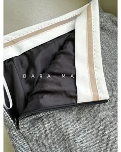 High waist grey wool tweed pencil skirt interior detail, elegant business commuter winter skirt.