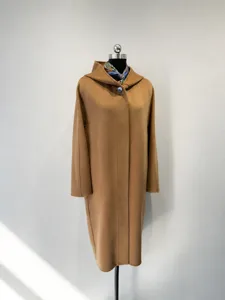 Women Cashmere Long Hooded Trench Coat Elegant Solid Color Single Breasted Long Sleeve Woolen Coat Women Outerwear