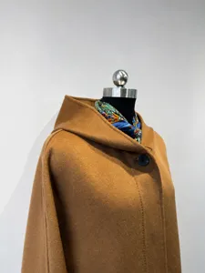 Elegant cashmere silk blend hooded wool coat for women, lightweight camel outerwear style.
