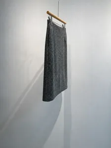 High-waisted grey wool blend pencil midi skirt, elegant autumn winter office lady bottom wear.