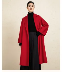 Elegant red long wool blend robe coat for women, chic winter outerwear with relaxed fit.