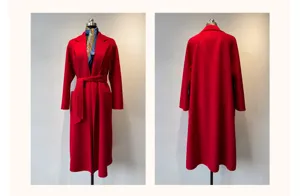 Women red cashmere blend bathrobe coat long wrap winter coat with belt and pockets.