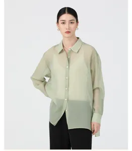 Sheer sage green button-up shirt for women, loose long-sleeve sun protection cardigan.