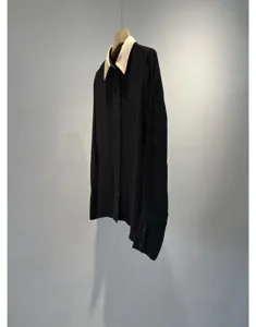 Elegant black long sleeve blouse with white contrast collar, premium smooth fabric, chic style.
