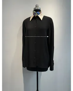 Black acetate silk long sleeve shirt with contrast white collar and scarf detail.
