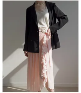 Pleated midi skirt detail, high waist with ruffle trim, elegant split design, chic belt.