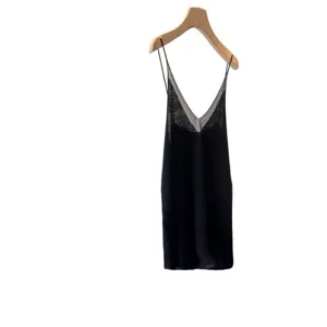 Black knit camisole dress, elegant V-neck design, comfortable and versatile basic slip dress.