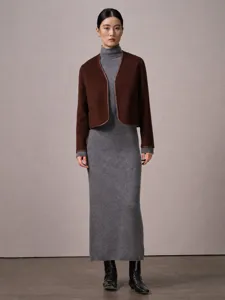 Women's Casual Commuting Short Coat Wool Cashmere Silk Blend Collarless Contrast Trim Long Sleeve Open Front Jacket
